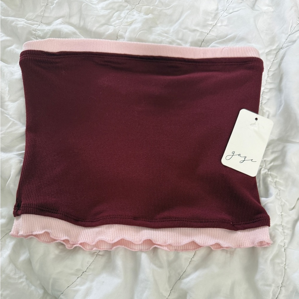 Gaze Ribbed Two-Tone Tube Top - Burgundy & Pink - Small